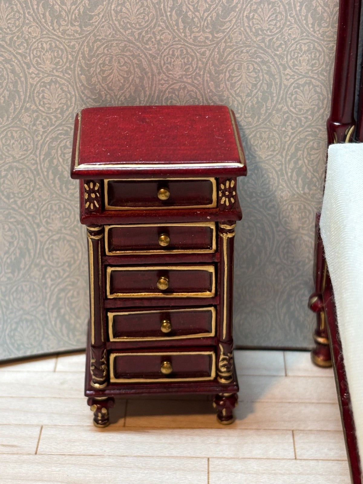 Dollhouse Miniature 3 Piece Mahogany and Gold Bedroom Furniture Set by Hansson