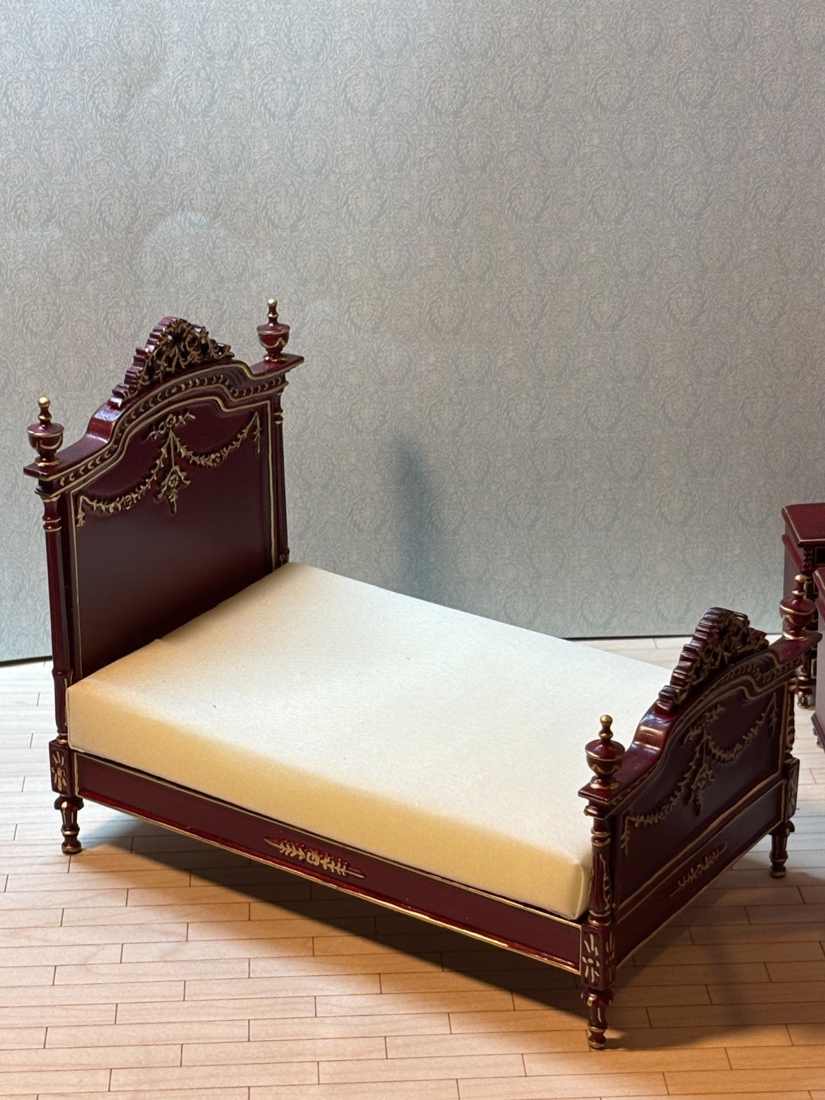Dollhouse Miniature 3 Piece Mahogany and Gold Bedroom Furniture Set by Hansson