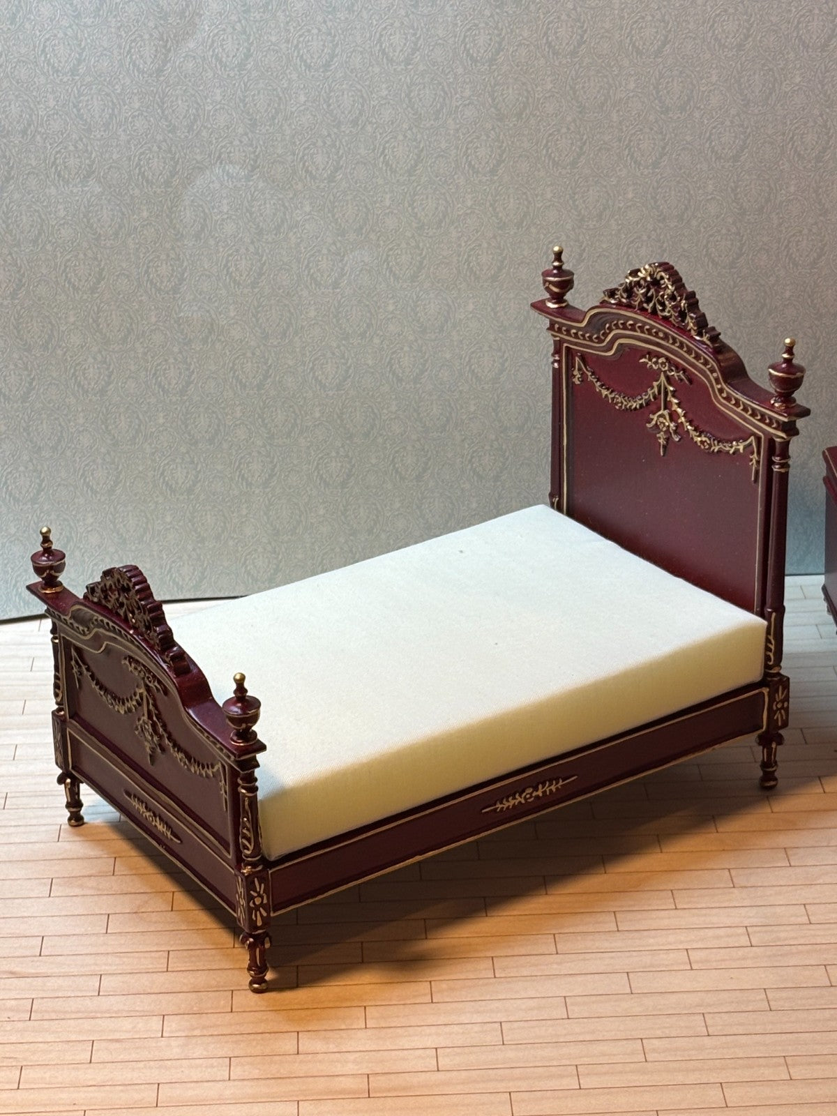 Dollhouse Miniature 3 Piece Mahogany and Gold Bedroom Furniture Set by Hansson