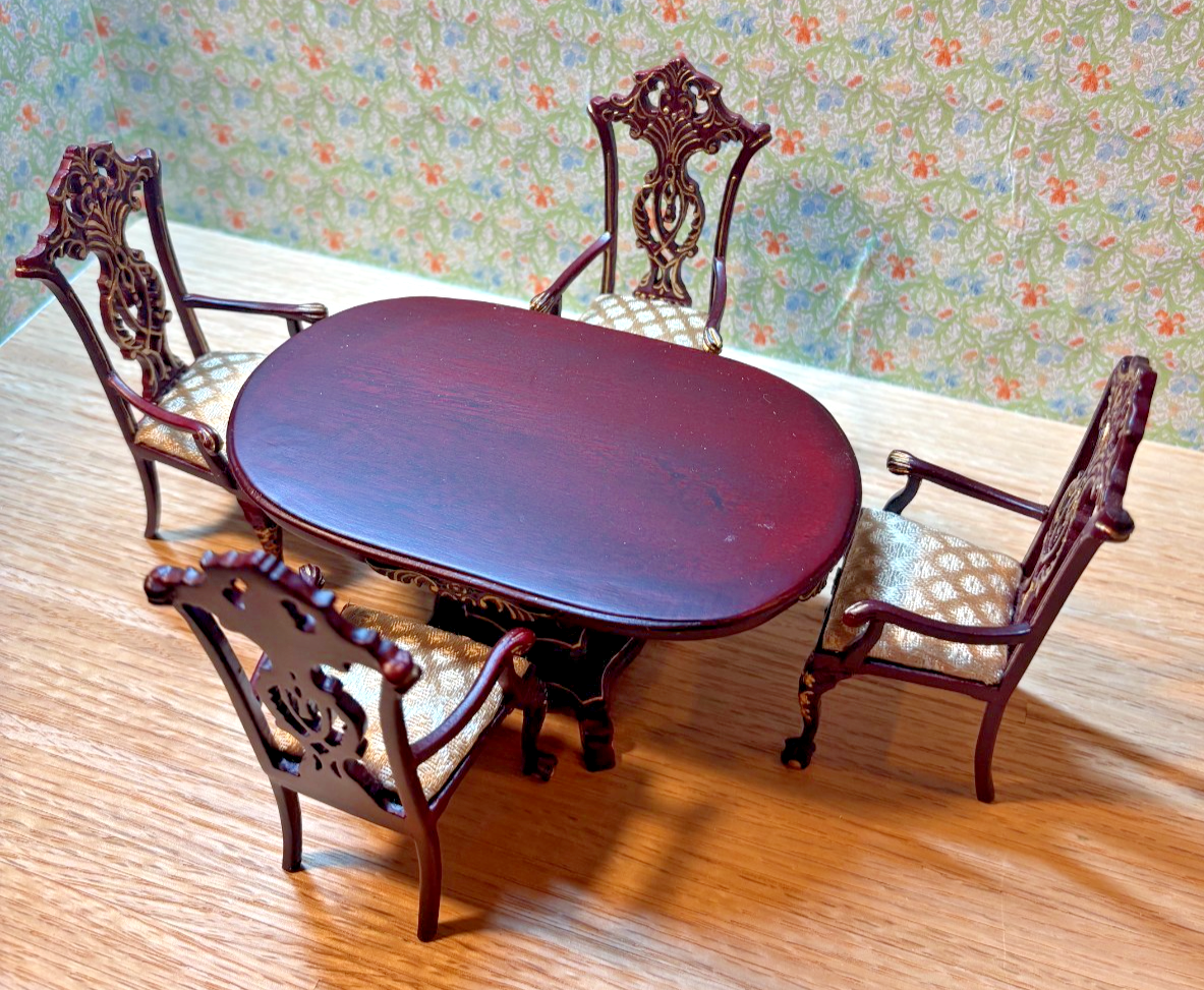 Dollhouse Miniature Intricate Mahogany/Gold Dining Table + 4 Chairs by Hansson