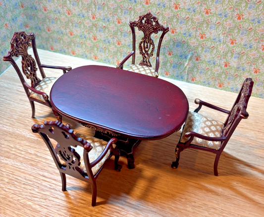 Dollhouse Miniature Intricate Mahogany/Gold Dining Table + 4 Chairs by Hansson