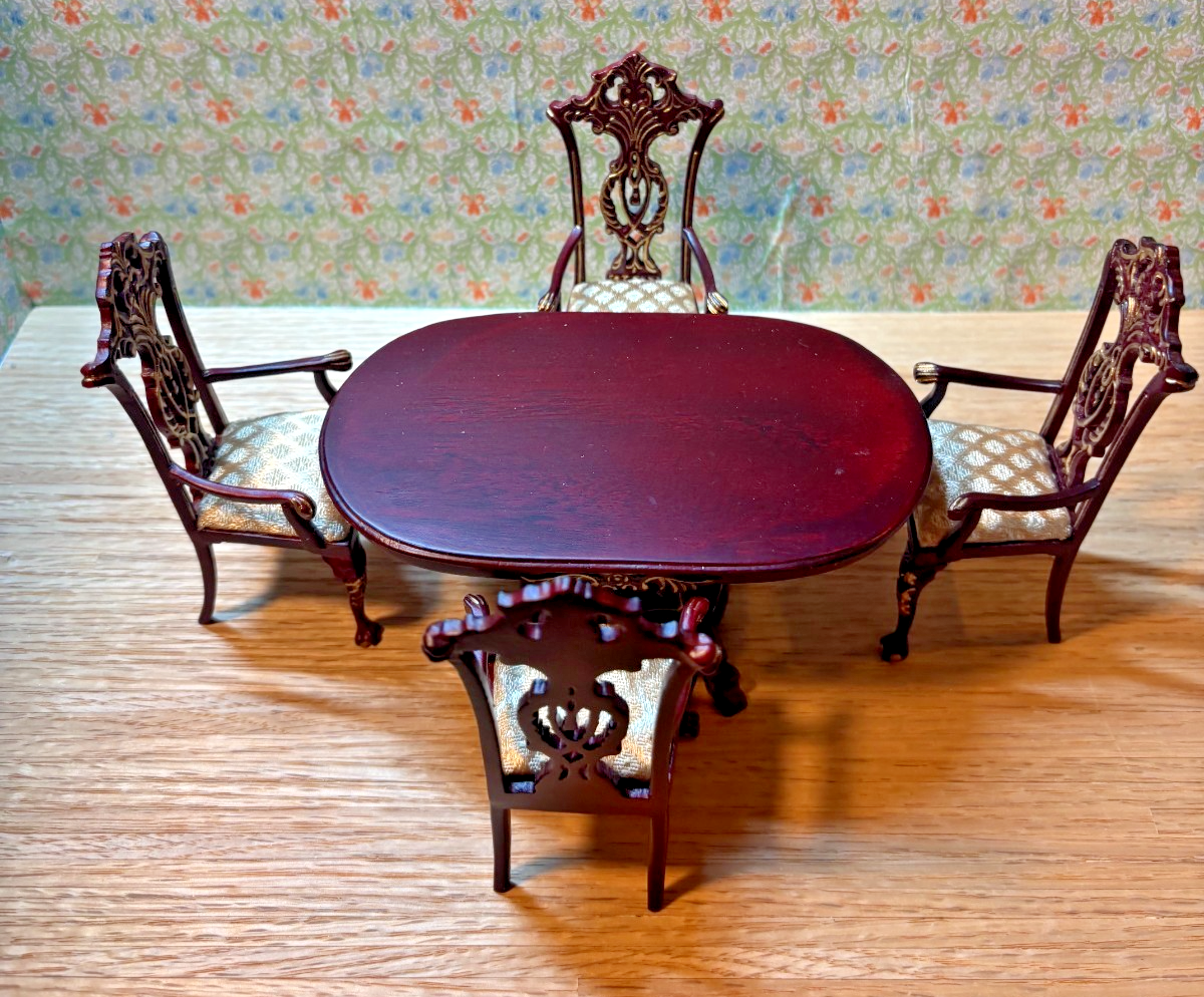 Dollhouse Miniature Intricate Mahogany/Gold Dining Table + 4 Chairs by Hansson