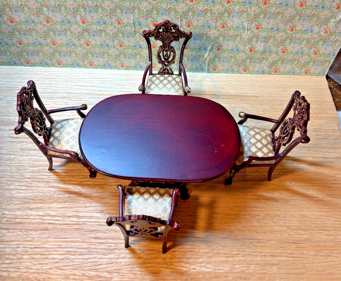 Dollhouse Miniature Intricate Mahogany/Gold Dining Table + 4 Chairs by Hansson
