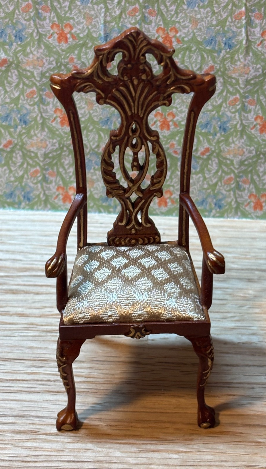 Dollhouse Miniature Intricate Walnut and Gold Armchair by Hansson