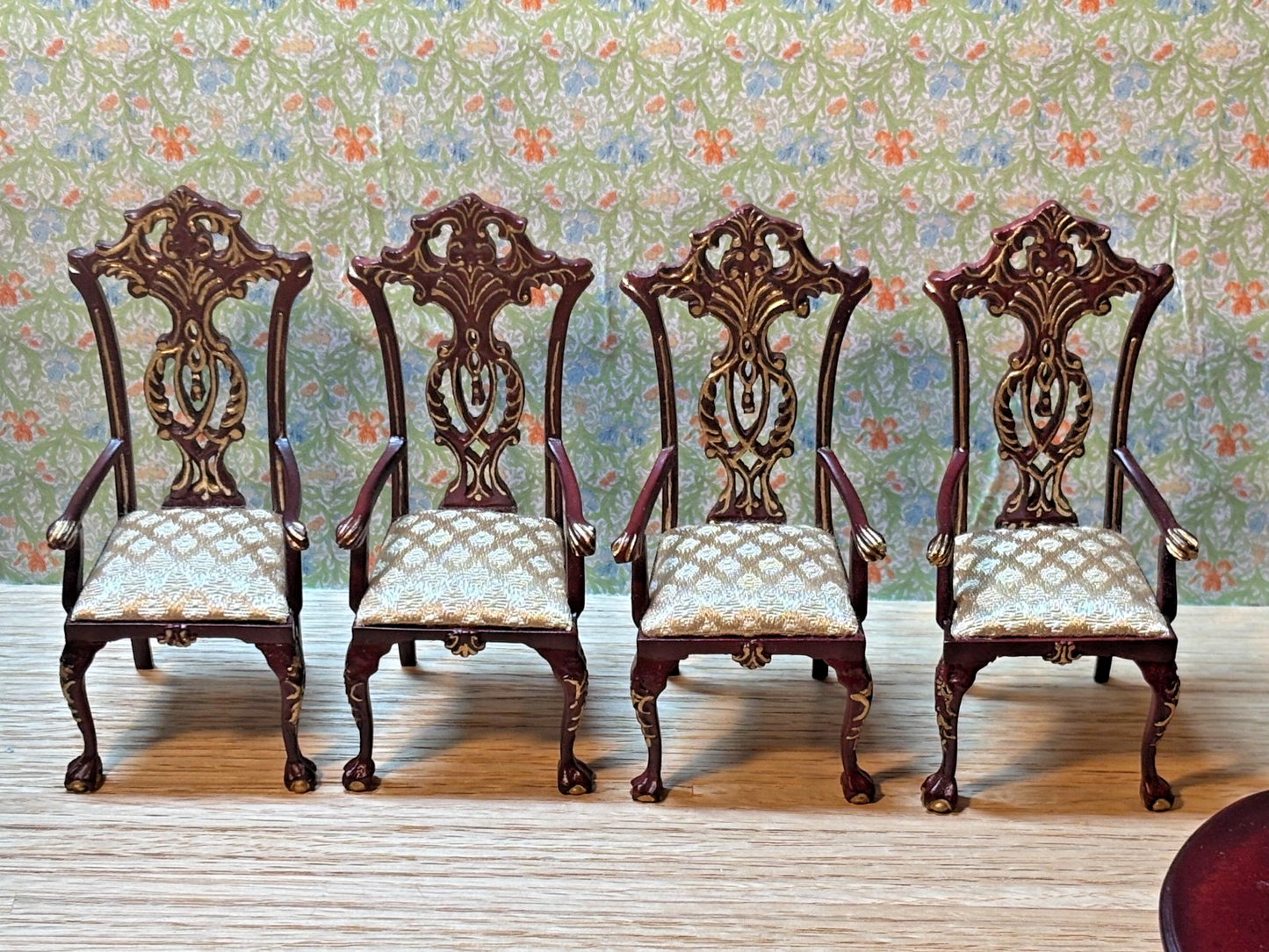 Dollhouse Miniature Intricate Mahogany/Gold Dining Table + 4 Chairs by Hansson