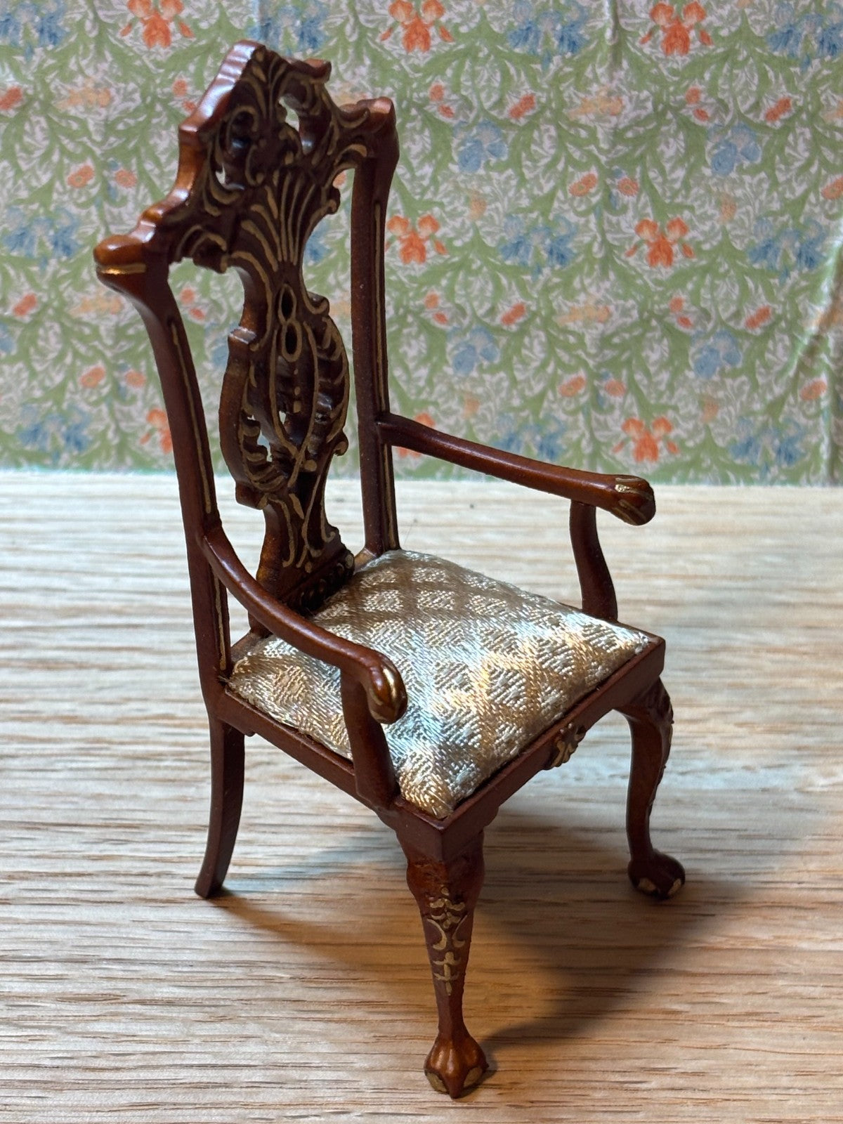 Dollhouse Miniature Intricate Walnut and Gold Armchair by Hansson