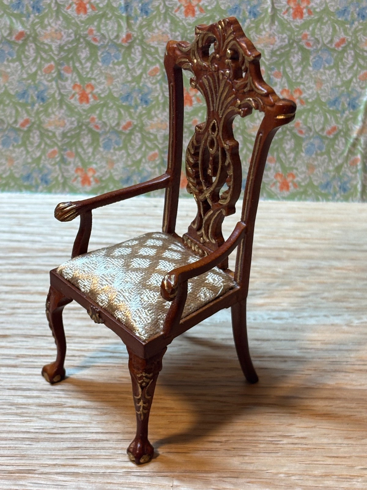 Dollhouse Miniature Intricate Walnut and Gold Armchair by Hansson