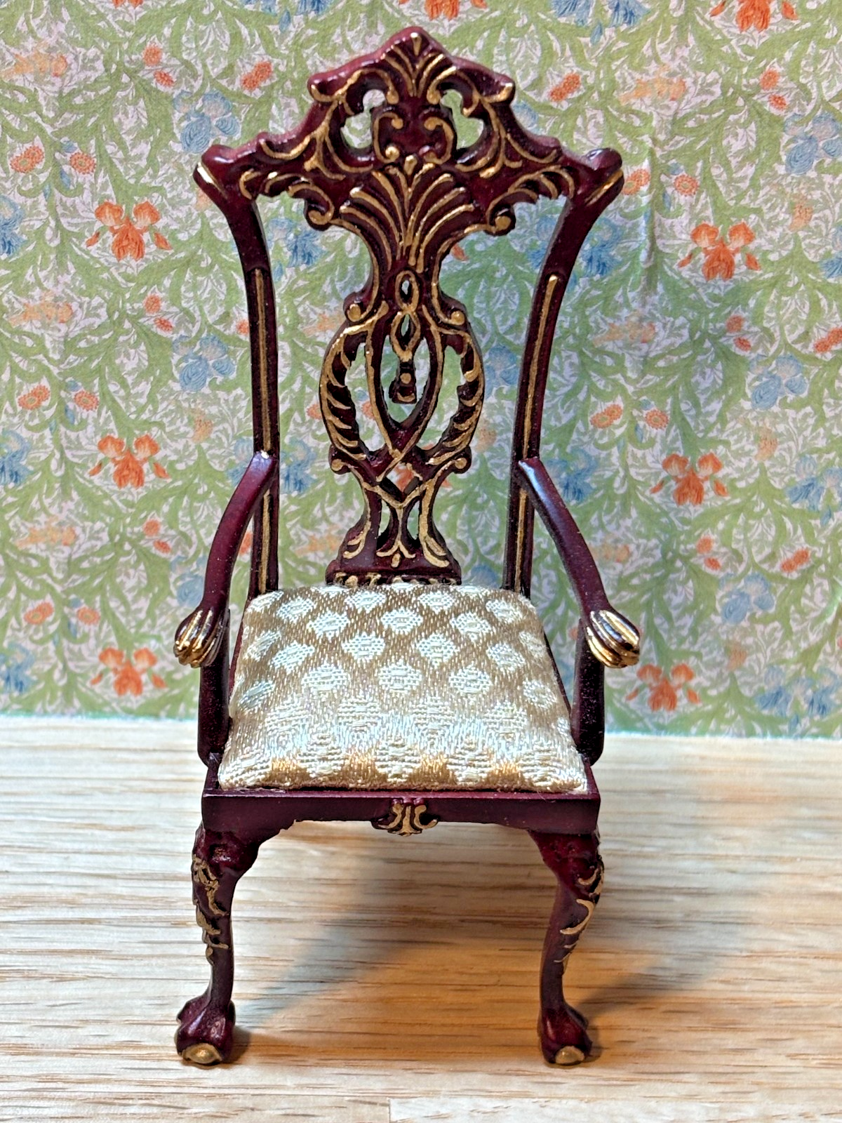 Dollhouse Miniature Intricate Mahogany and Gold Armchair by Hansson