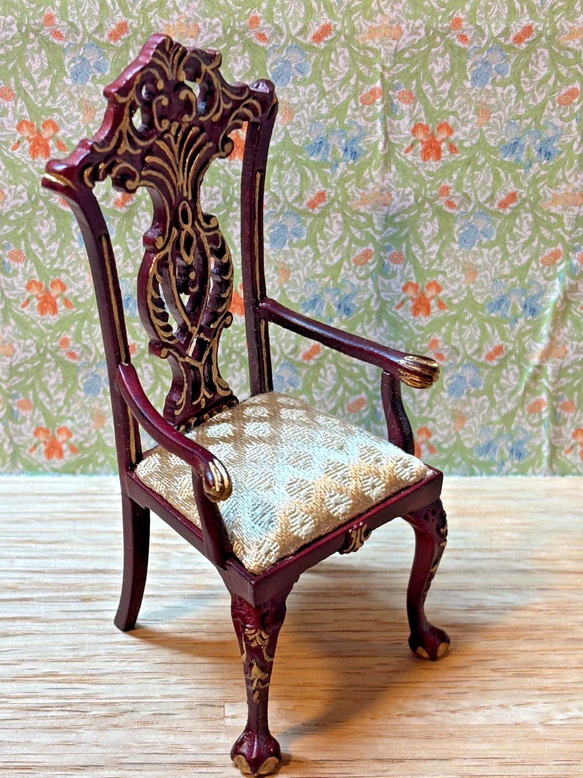 Dollhouse Miniature Intricate Mahogany/Gold Dining Table + 4 Chairs by Hansson