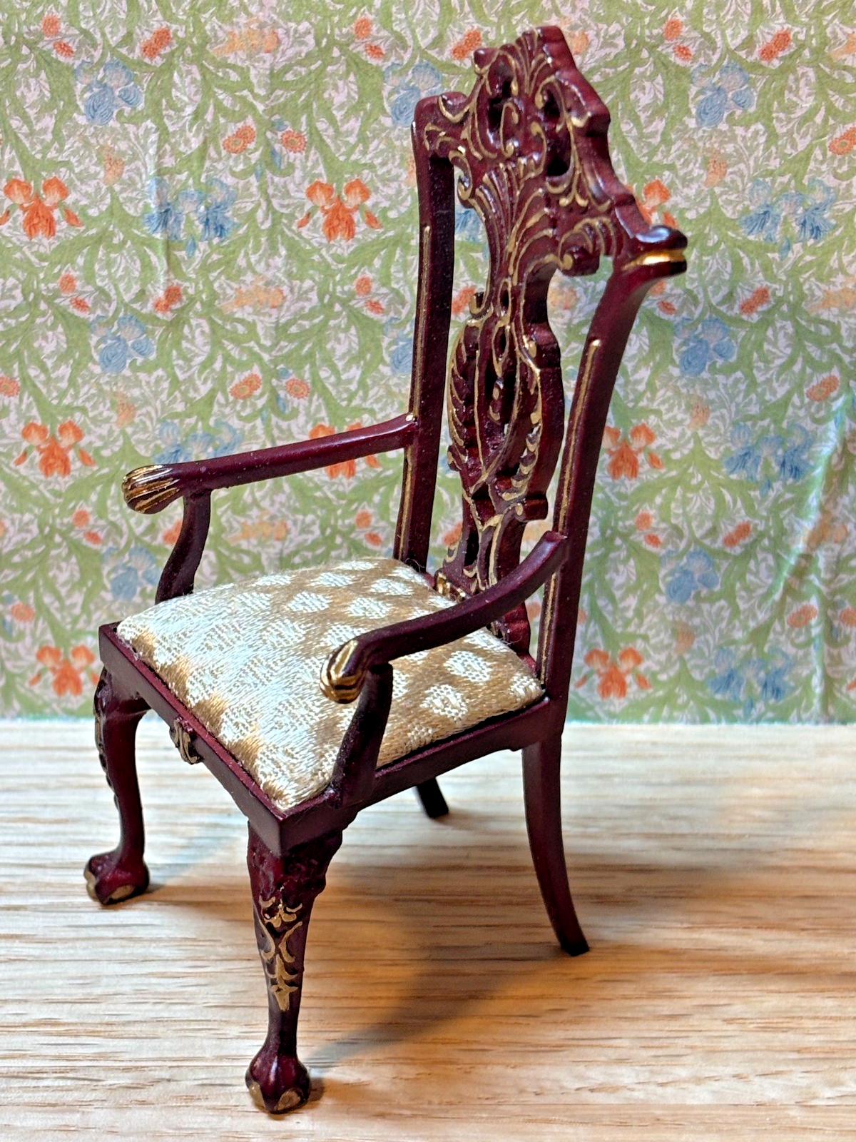 Dollhouse Miniature Intricate Mahogany and Gold Armchair by Hansson