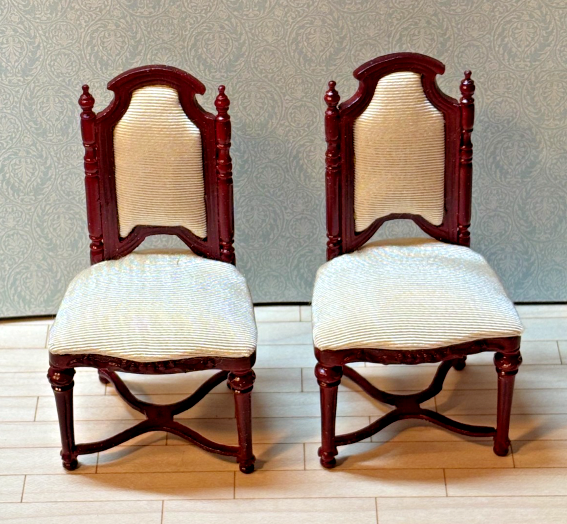 Dollhouse Miniature Set of 2 Mahogany Chairs with Upholstery by Hansson