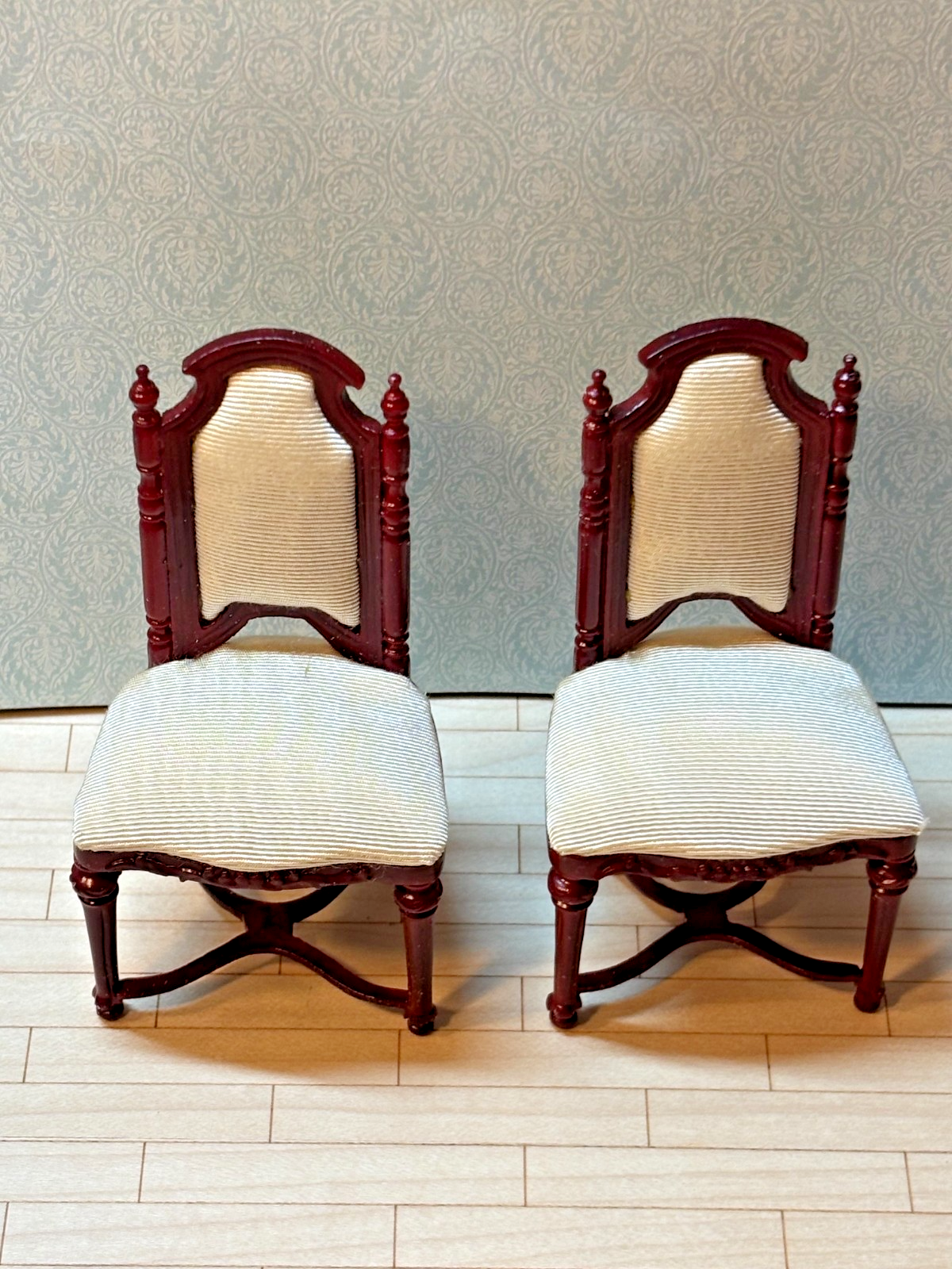 Dollhouse Miniature Set of 2 Mahogany Chairs with Upholstery by Hansson