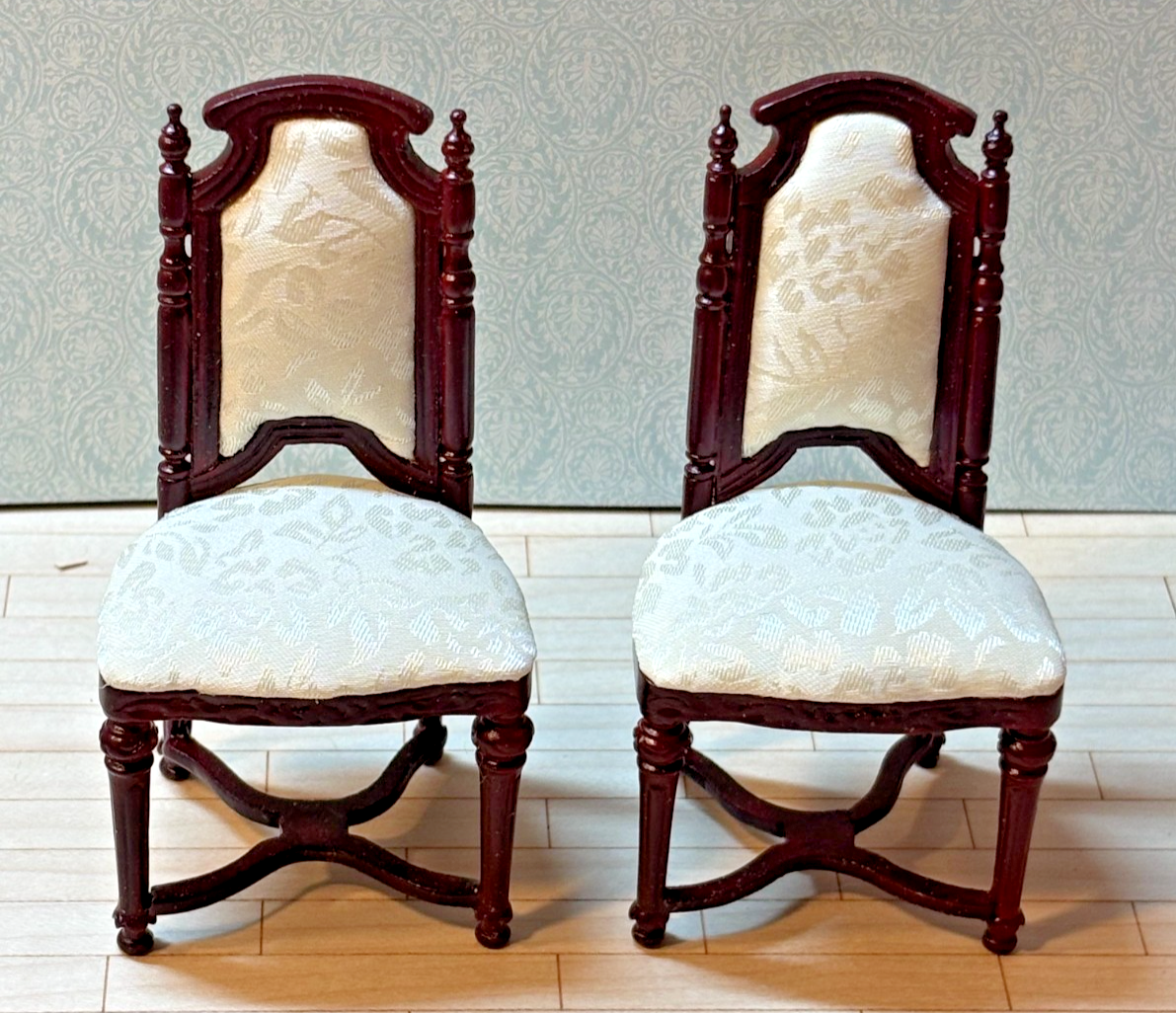 Dollhouse Miniature Set of 2 Mahogany Chairs with Ivory Upholstery by Hansson