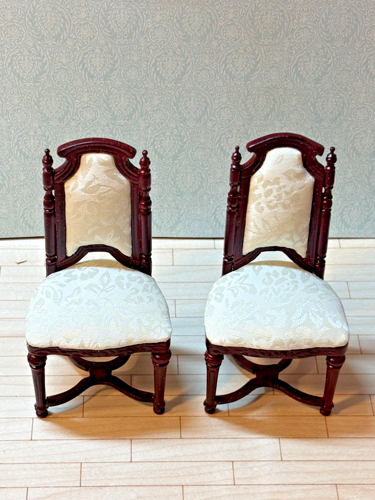 Dollhouse Miniature Set of 2 Mahogany Chairs with Ivory Upholstery by Hansson