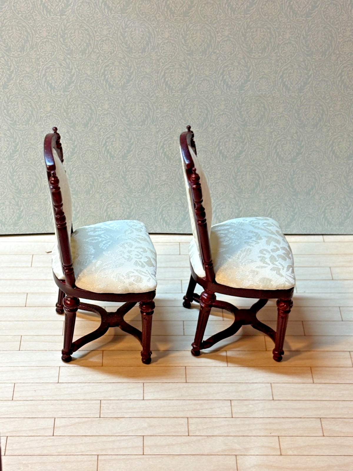 Dollhouse Miniature Set of 2 Mahogany Chairs with Ivory Upholstery by Hansson