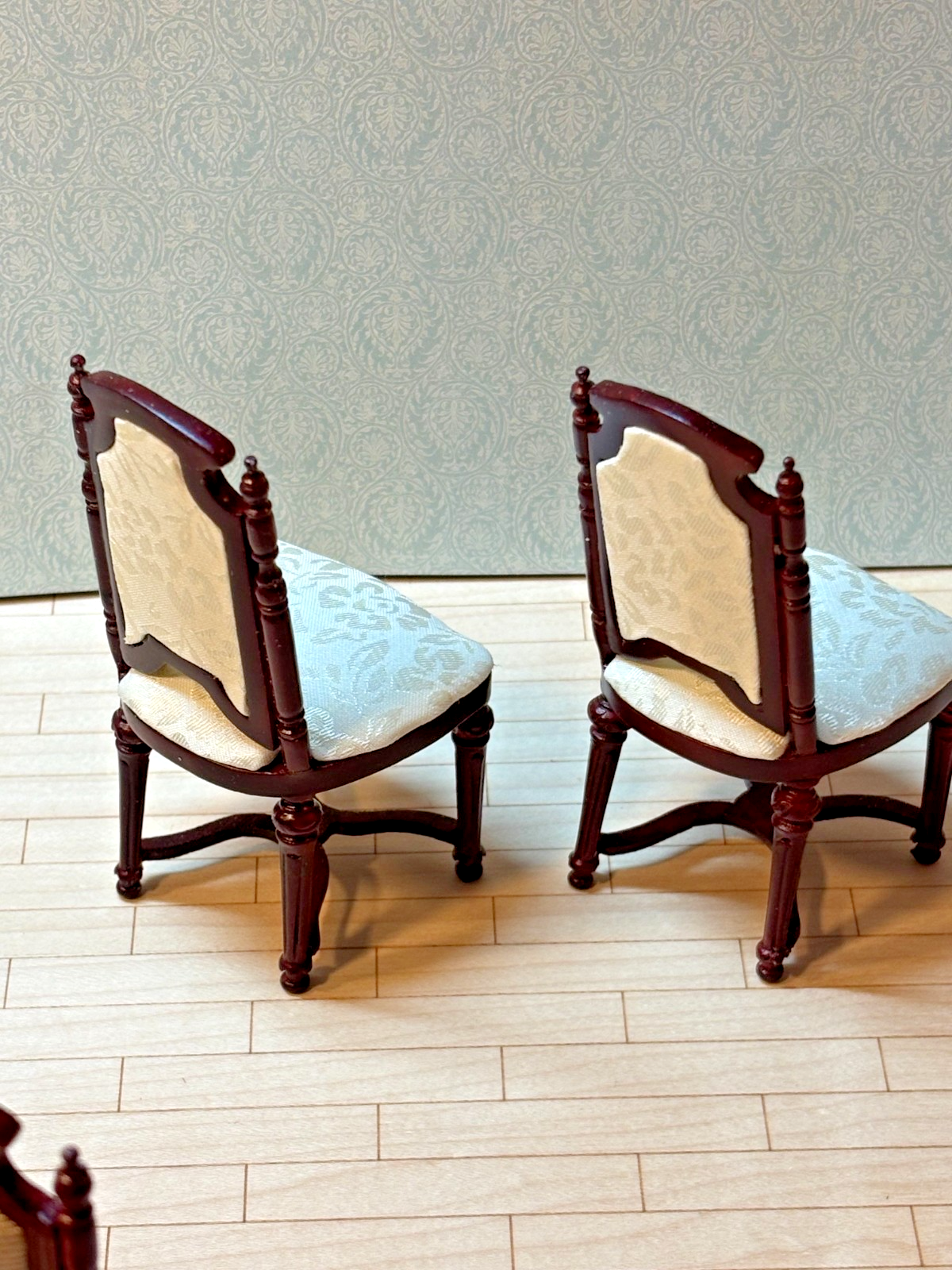 Dollhouse Miniature Set of 2 Mahogany Chairs with Ivory Upholstery by Hansson