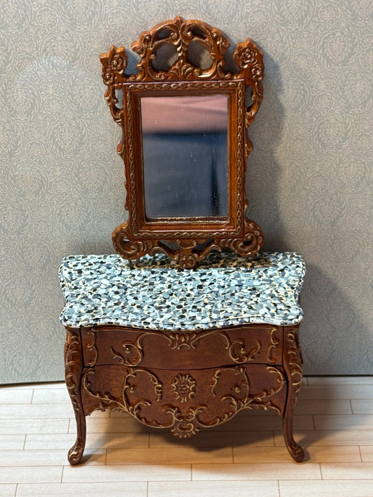 Dollhouse Miniature - Walnut/Gold Credenza w Marble Like Top + Mirror by Hansson