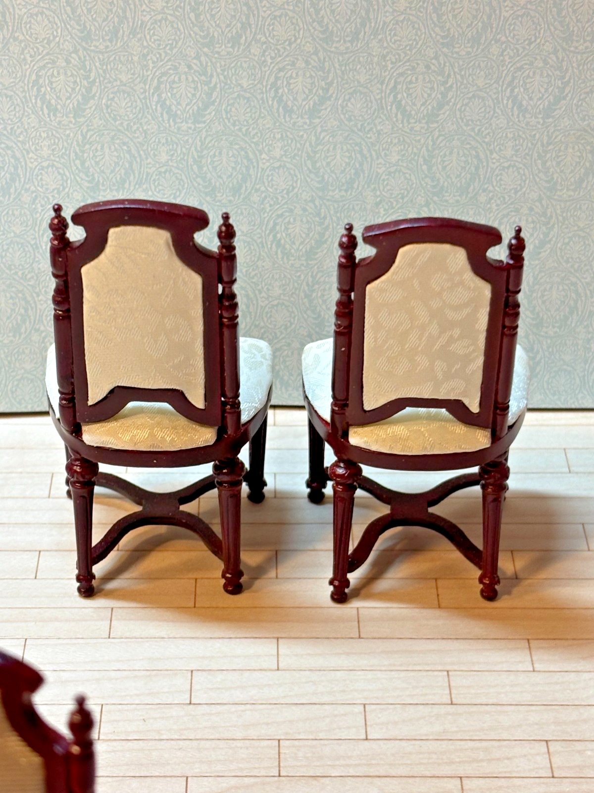 Dollhouse Miniature Set of 2 Mahogany Chairs with Ivory Upholstery by Hansson