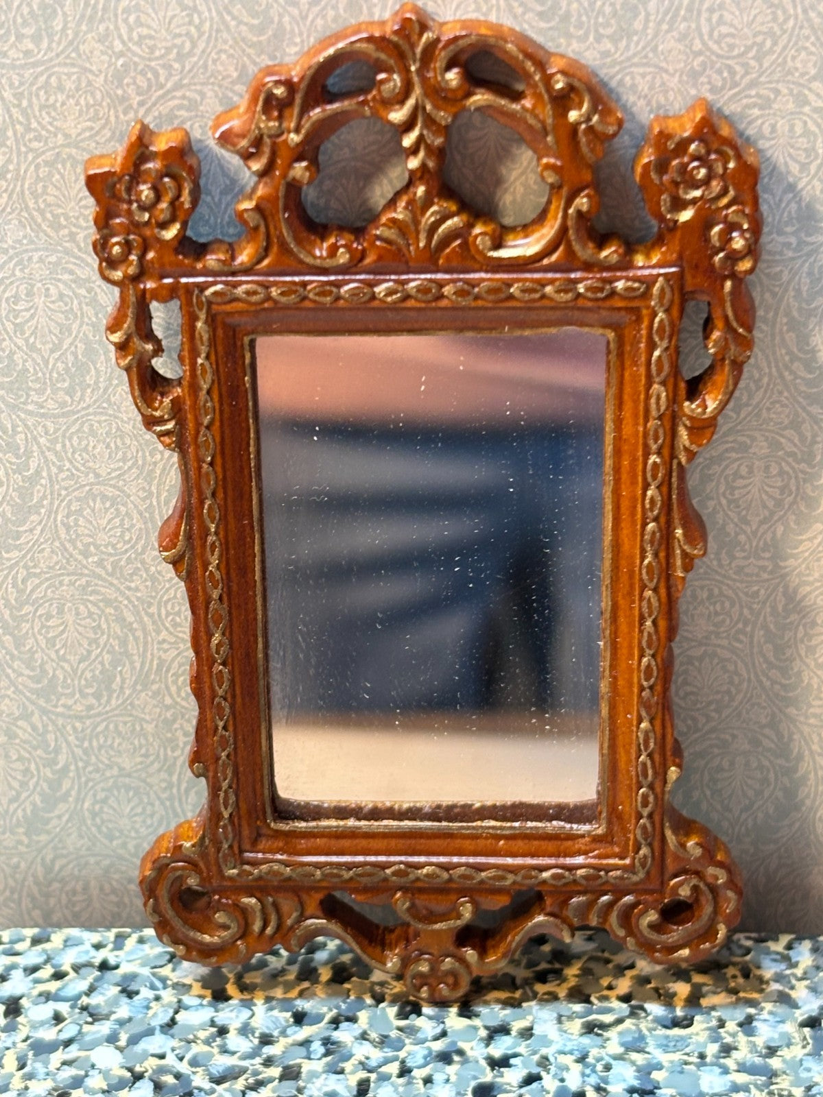 Dollhouse Miniature - Walnut/Gold Credenza w Marble Like Top + Mirror by Hansson