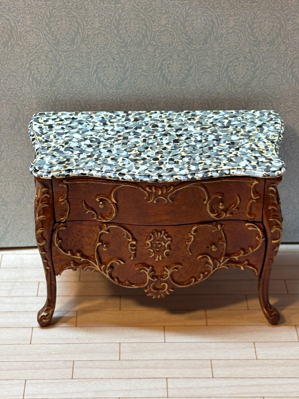 Dollhouse Miniature - Walnut/Gold Credenza w Marble Like Top + Mirror by Hansson