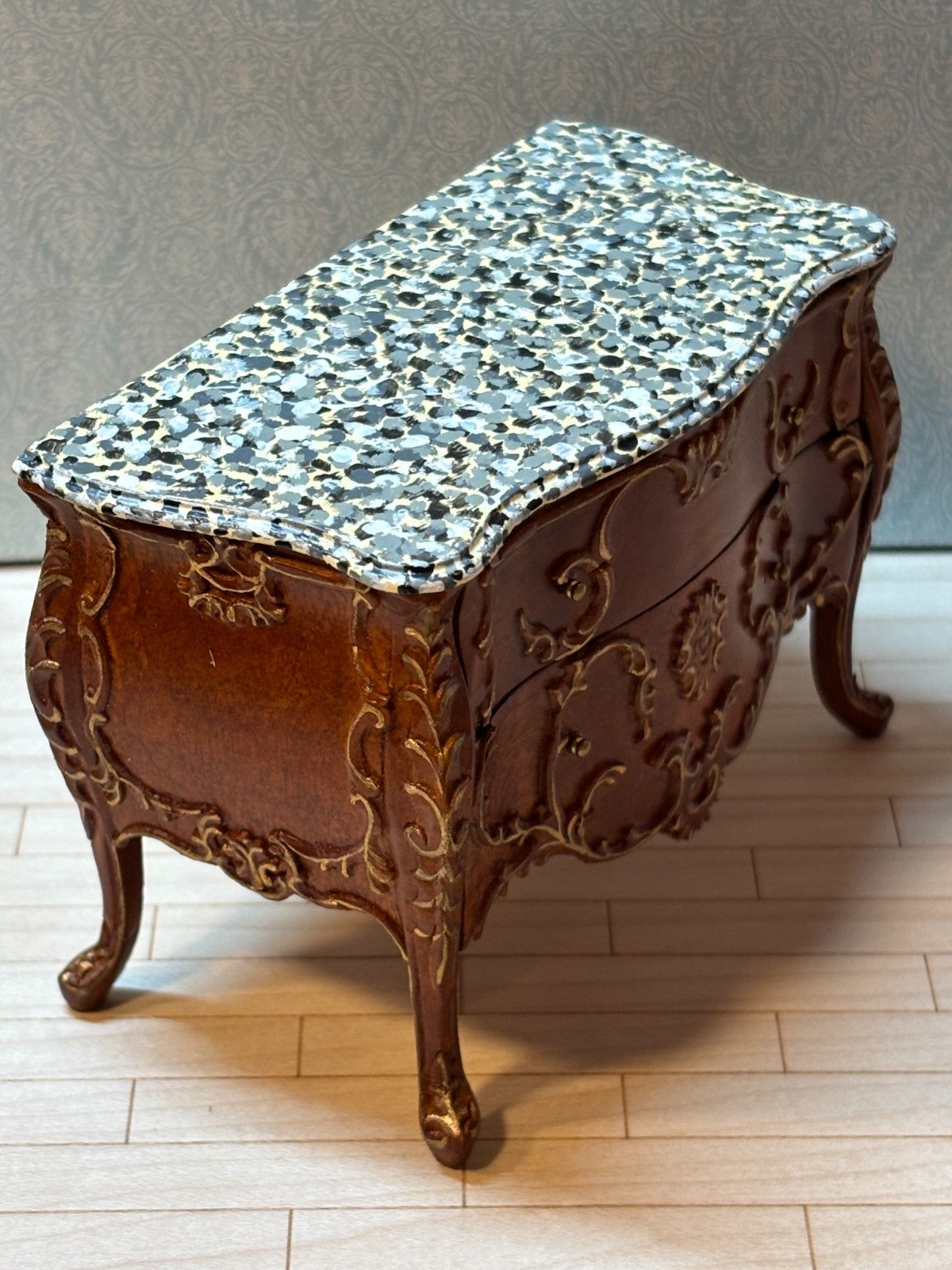Dollhouse Miniature - Walnut/Gold Credenza w Marble Like Top + Mirror by Hansson