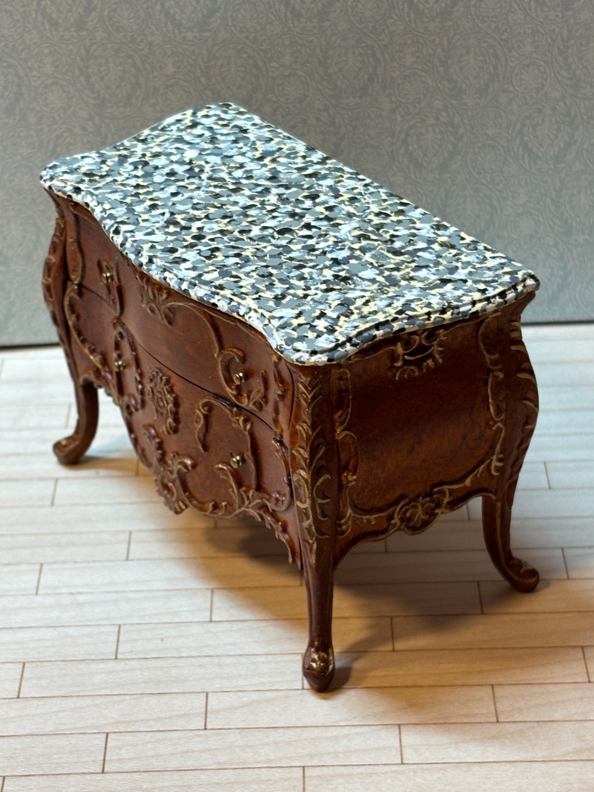 Dollhouse Miniature - Walnut/Gold Credenza w Marble Like Top + Mirror by Hansson