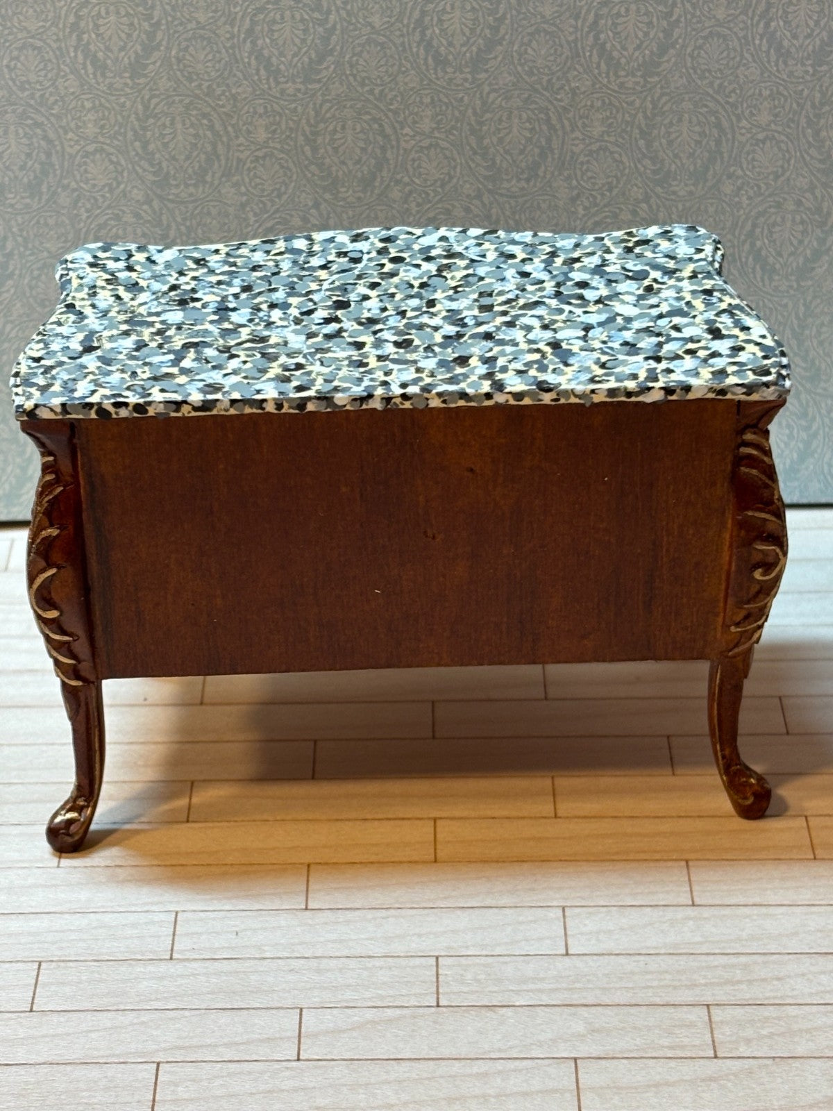 Dollhouse Miniature - Walnut/Gold Credenza w Marble Like Top + Mirror by Hansson