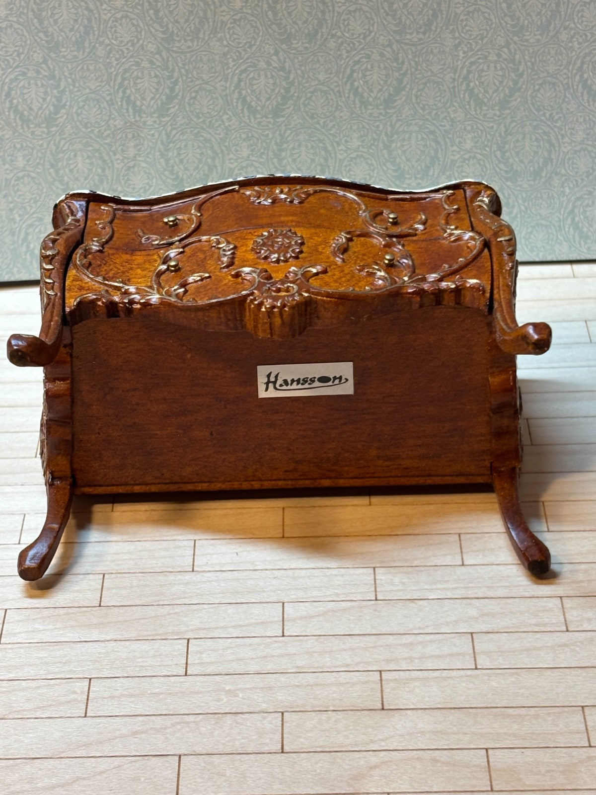 Dollhouse Miniature - Walnut/Gold Credenza w Marble Like Top + Mirror by Hansson