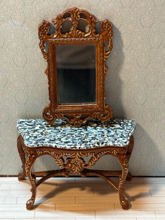 Dollhouse Miniature Walnut/Gold Console w/ Marble Like Top + Mirror by Hansson