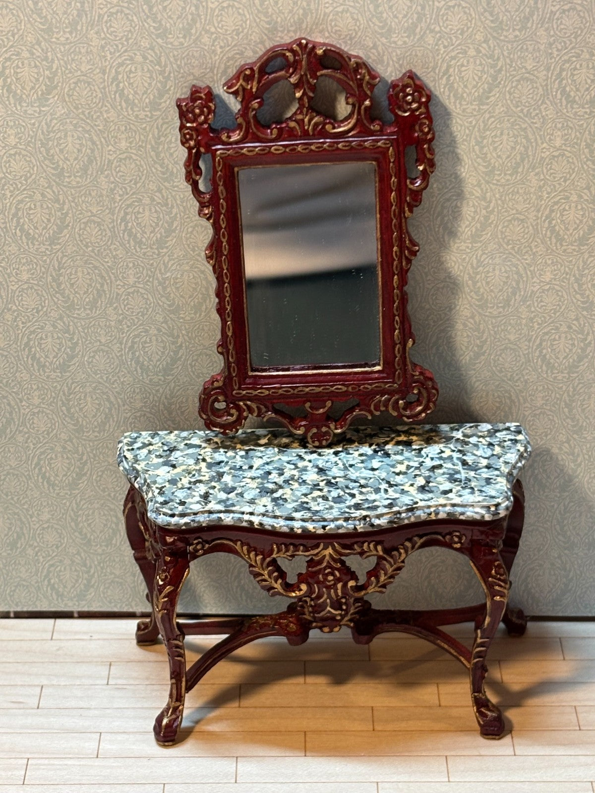 Dollhouse Miniature Mahogany/Gold Console w/ Marble Like Top & Mirror by Hansson