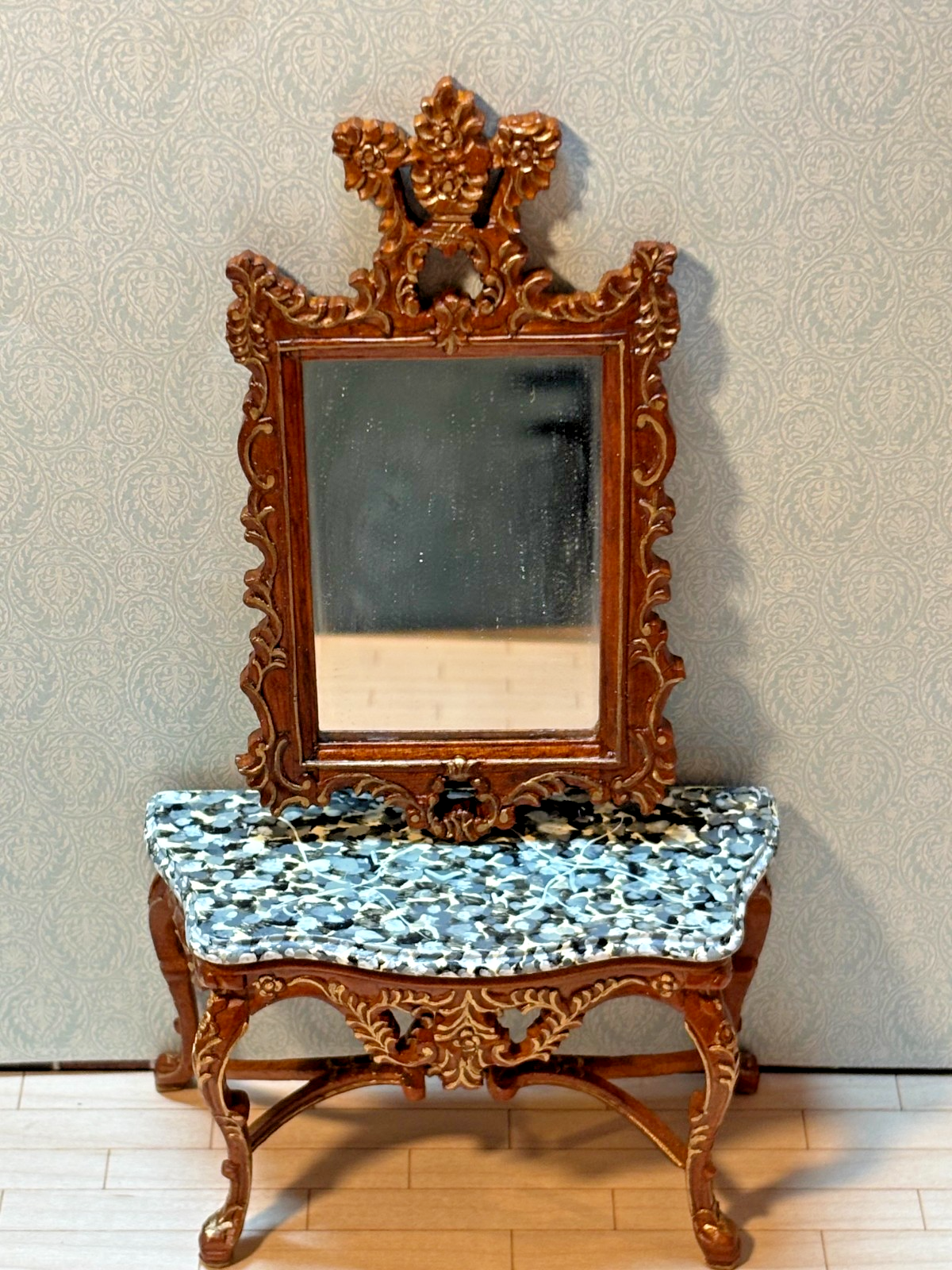 Dollhouse Miniature Walnut/Gold Console w/ Marble Like Top and Mirror by Hansson