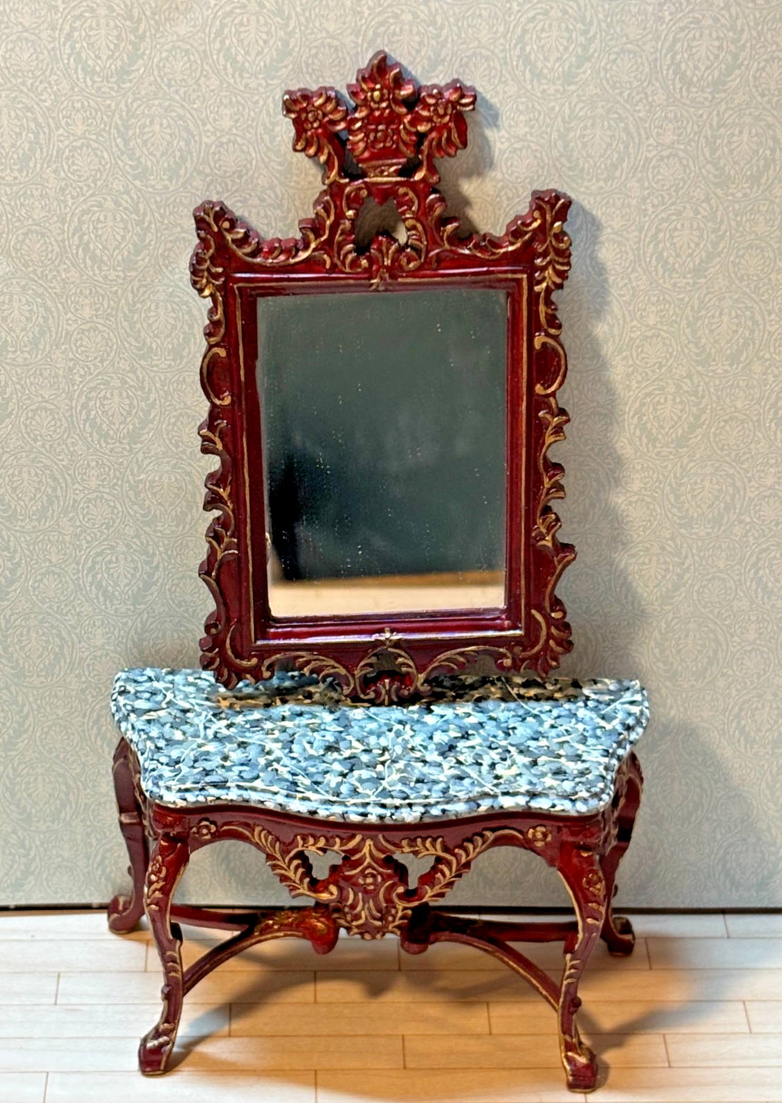 Dollhouse Miniature Mahogany/Gold Console w/ Marble Like Top + Mirror by Hansson