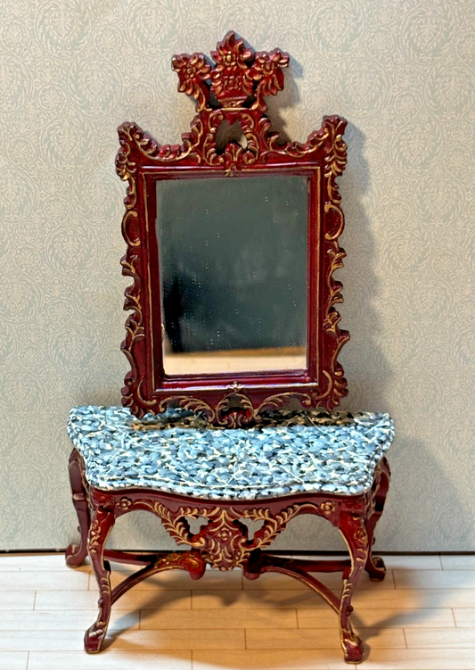 Dollhouse Miniature Mahogany/Gold Console w/ Marble Like Top + Mirror by Hansson