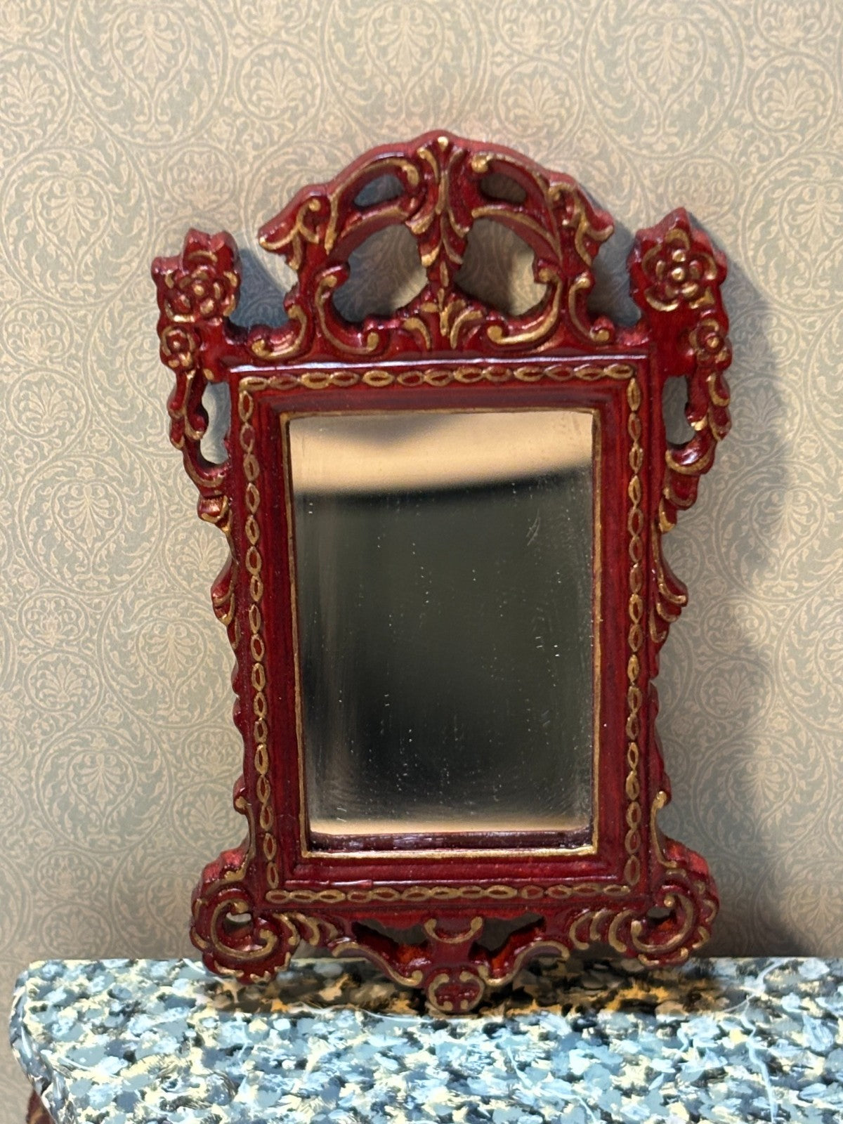 Dollhouse Miniature Mahogany/Gold Console w/ Marble Like Top & Mirror by Hansson