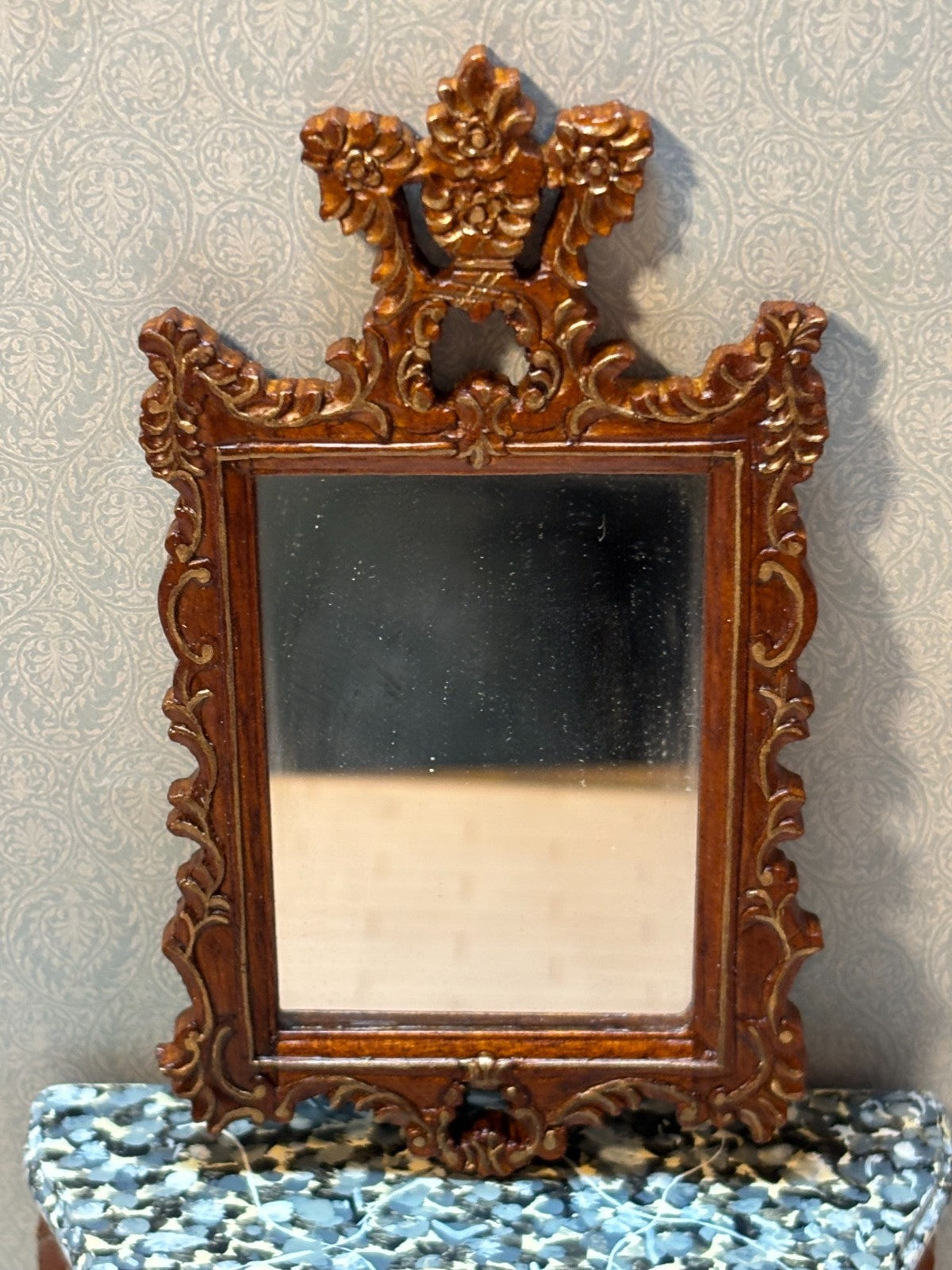 Dollhouse Miniature Walnut/Gold Console w/ Marble Like Top and Mirror by Hansson