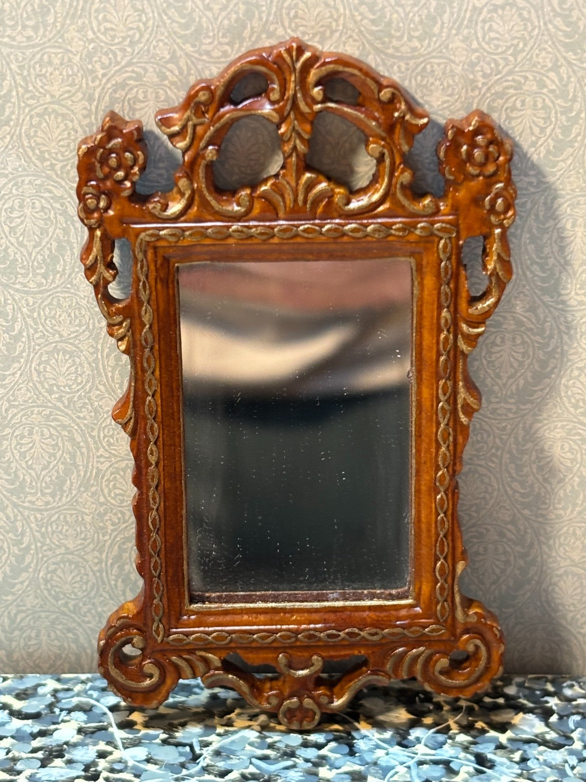 Dollhouse Miniature Walnut/Gold Console w/ Marble Like Top + Mirror by Hansson