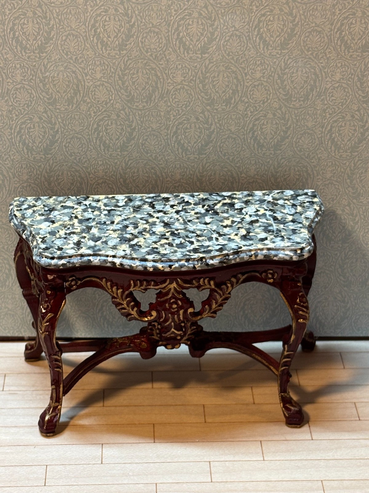Dollhouse Miniature Mahogany/Gold Console w/ Marble Like Top & Mirror by Hansson