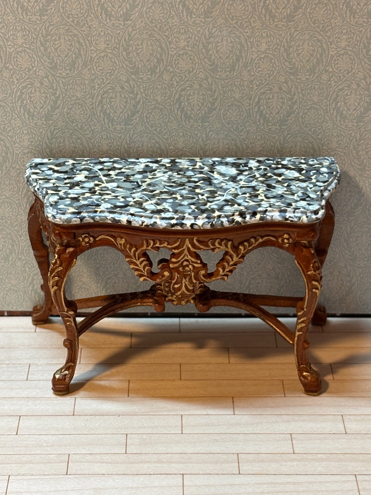 Dollhouse Miniature Walnut/Gold Console w/ Marble Like Top and Mirror by Hansson