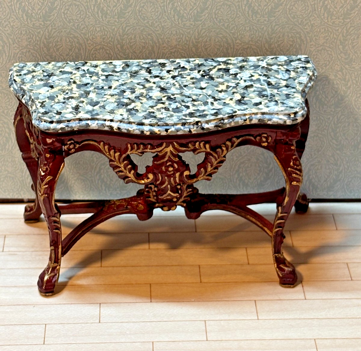 Dollhouse Miniature Mahogany/Gold Console w/ Marble Like Top + Mirror by Hansson