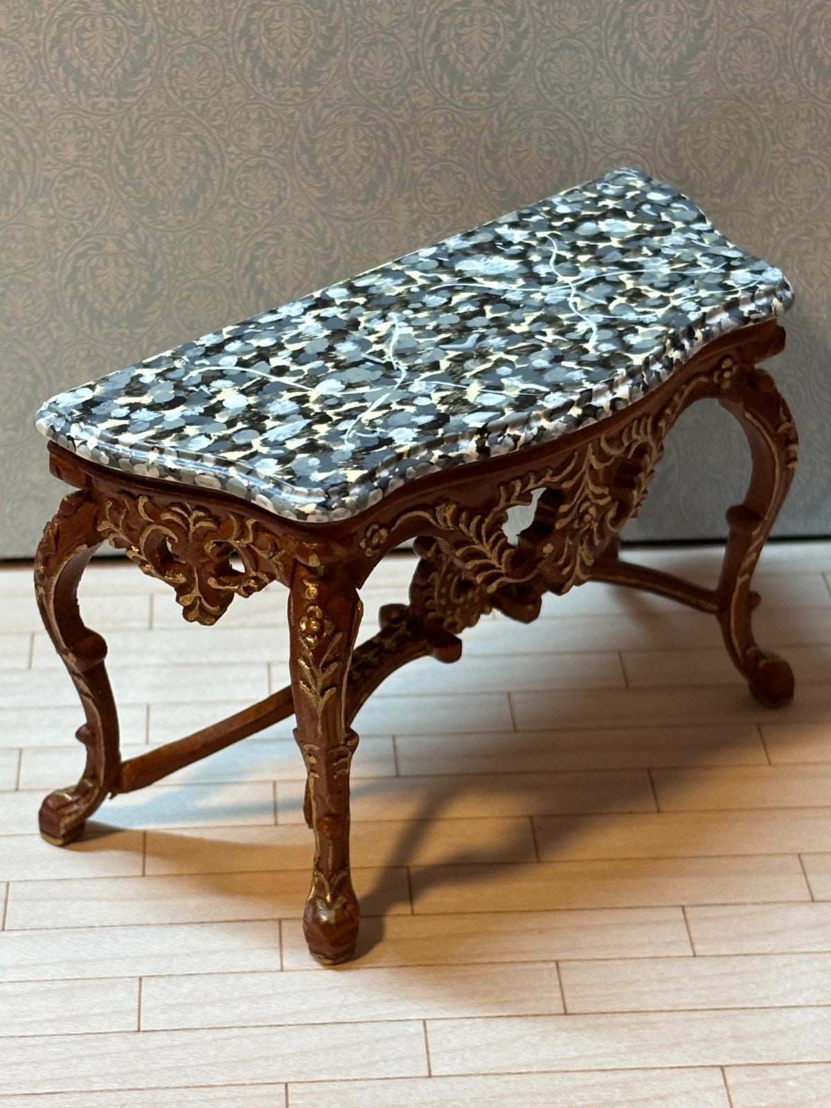 Dollhouse Miniature Walnut/Gold Console w/ Marble Like Top + Mirror by Hansson