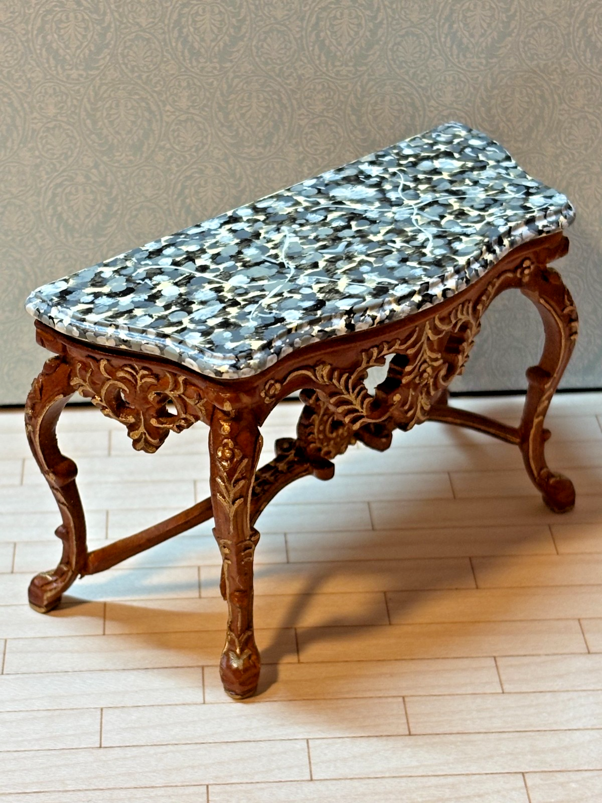 Dollhouse Miniature Walnut/Gold Console w/ Marble Like Top and Mirror by Hansson