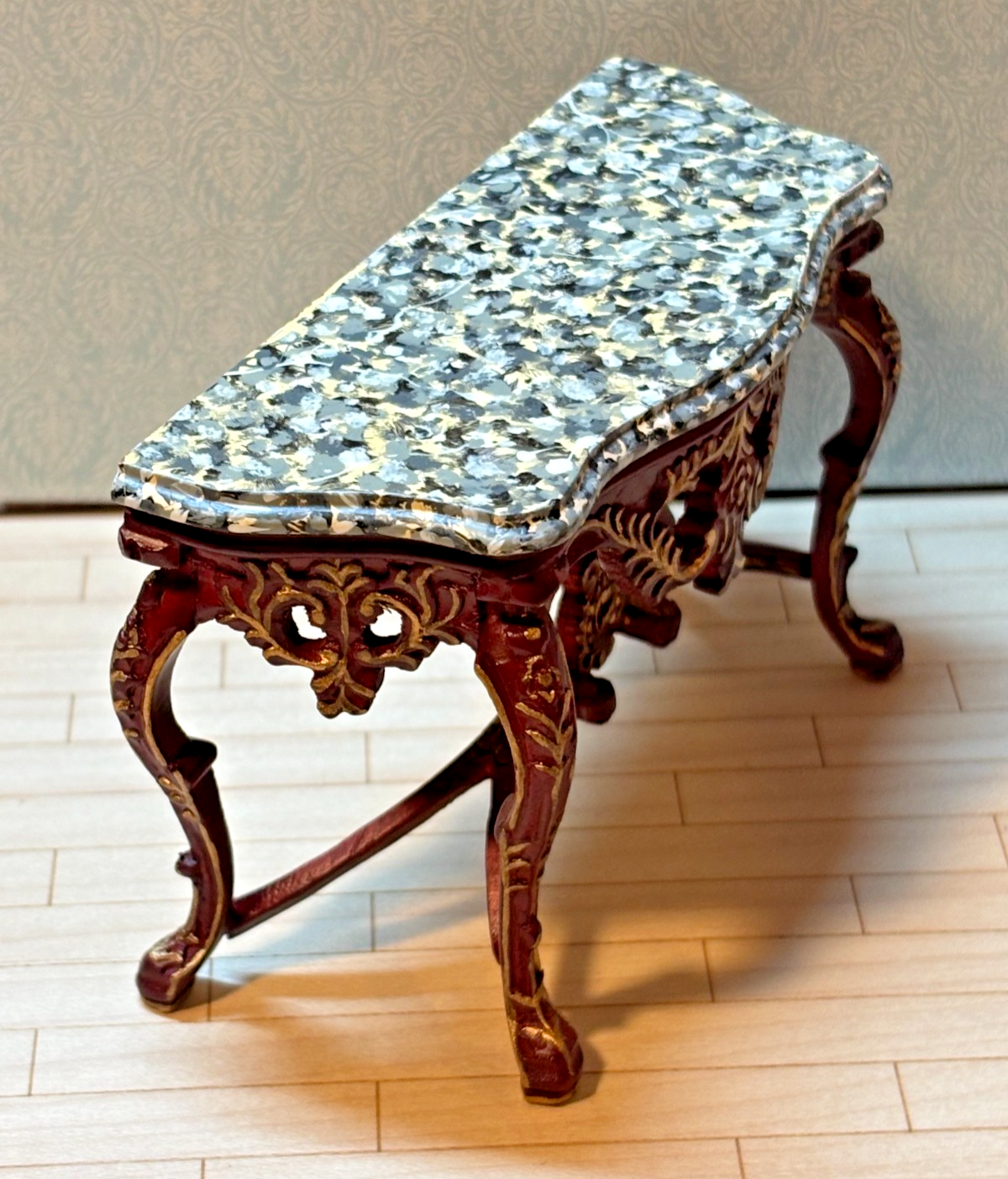 Dollhouse Miniature Mahogany/Gold Console w/ Marble Like Top + Mirror by Hansson