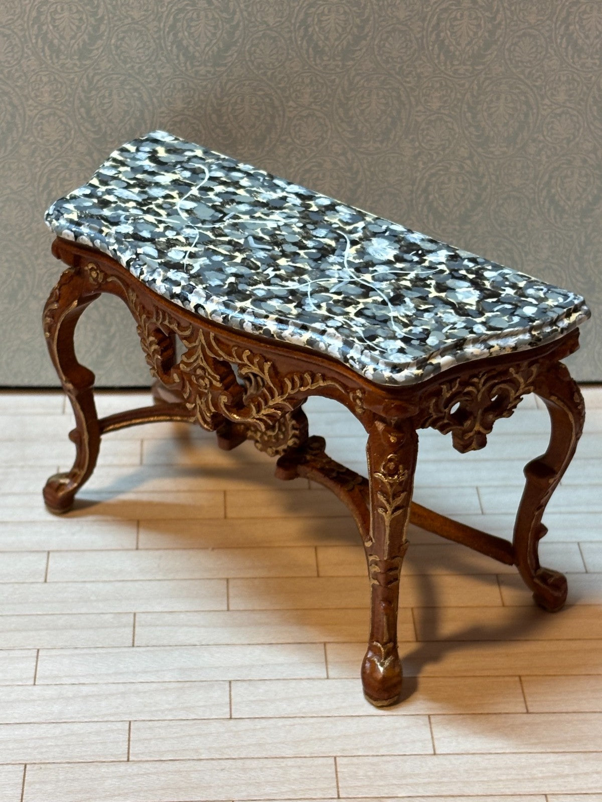 Dollhouse Miniature Walnut/Gold Console w/ Marble Like Top and Mirror by Hansson
