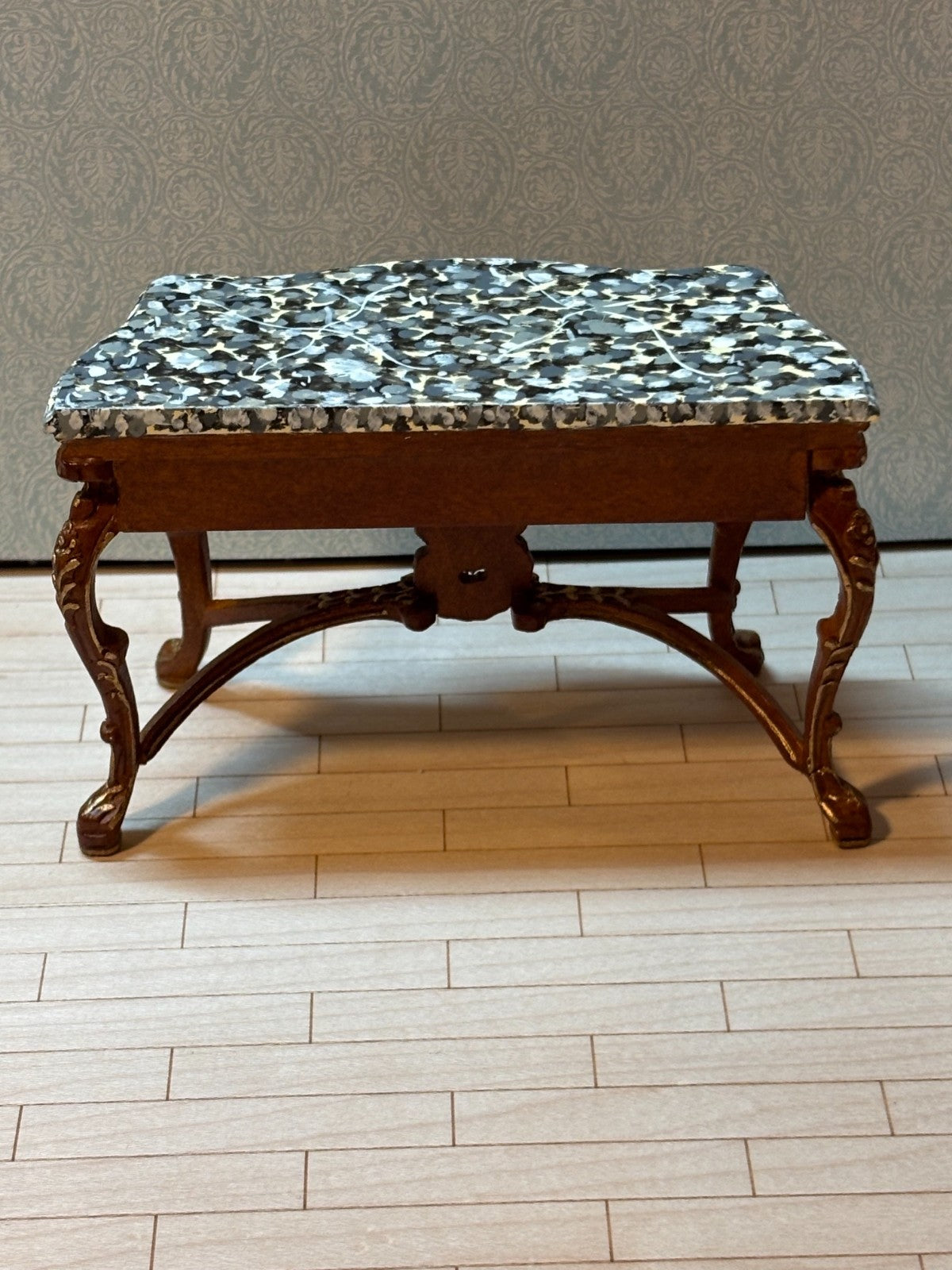 Dollhouse Miniature Walnut/Gold Console w/ Marble Like Top + Mirror by Hansson
