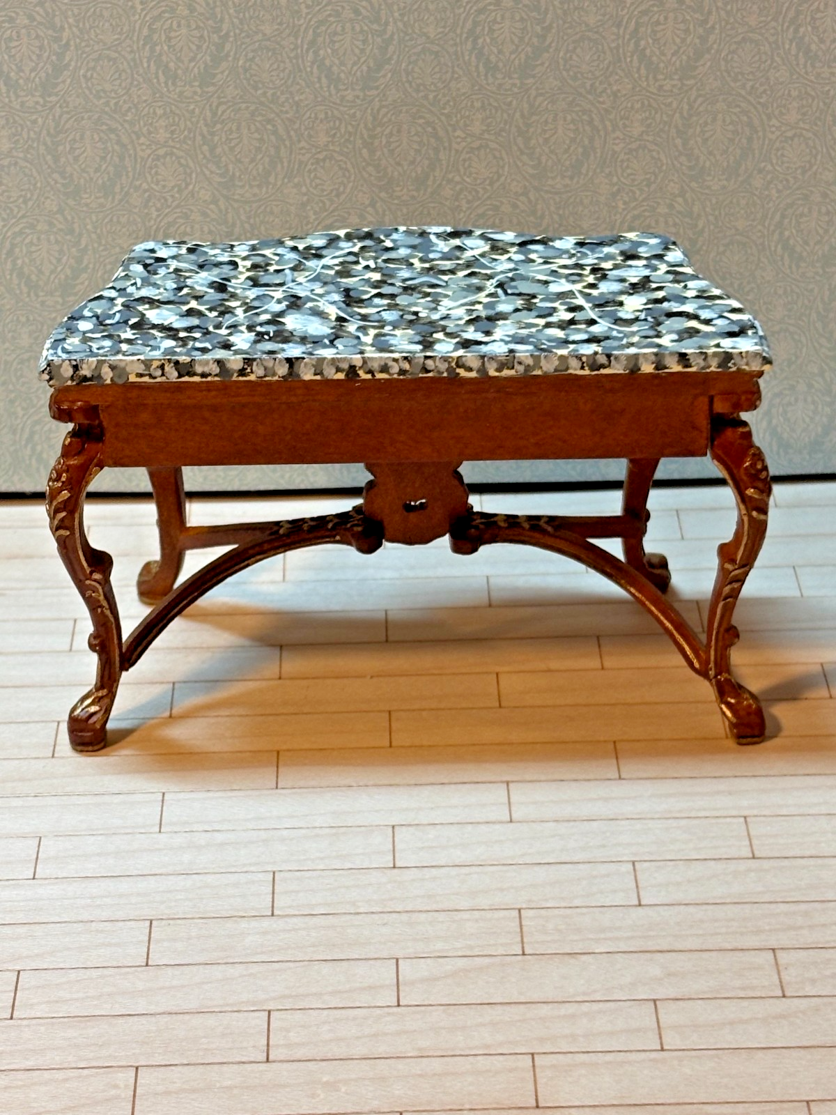 Dollhouse Miniature Walnut/Gold Console w/ Marble Like Top and Mirror by Hansson