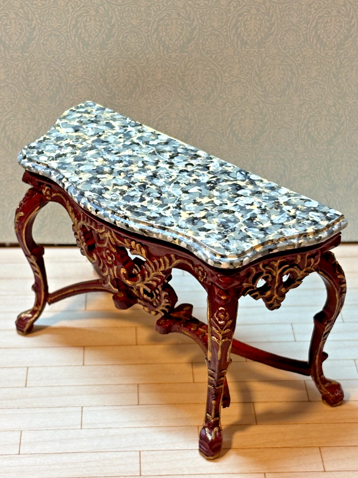 Dollhouse Miniature Mahogany/Gold Console w/ Marble Like Top + Mirror by Hansson