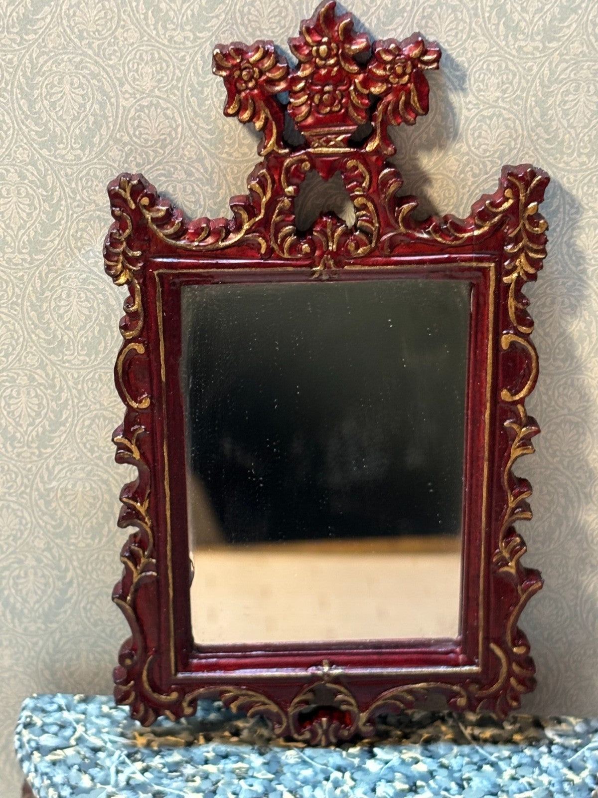Dollhouse Miniature Mahogany/Gold Console w/ Marble Like Top + Mirror by Hansson