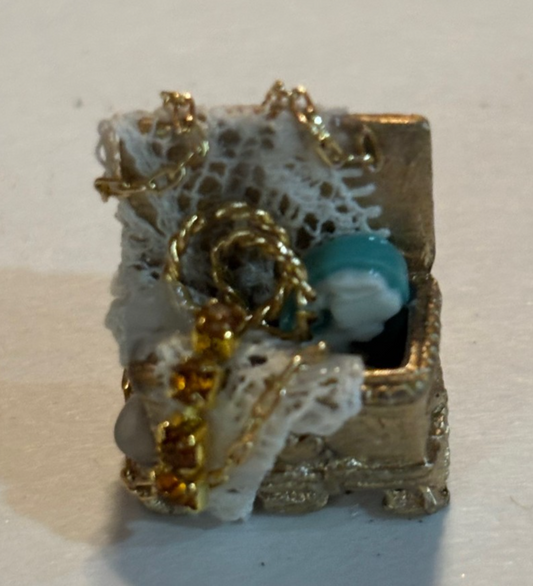 Dollhouse Miniature Tiny Decorated Jewelry Box with Blue Cameo and Gems
