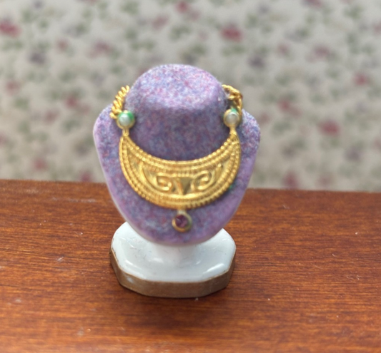 Dollhouse Miniature Jewelry Bust with Gold Necklace and Blue Gems