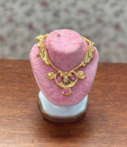 Dollhouse Miniature Jewelry Bust with Ornate Gold Necklace and Gems